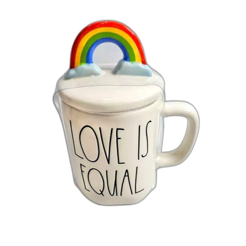NEW Love Is Equal Pride White Rainbow Clouds Mug and Top Cover Rae Dunn
